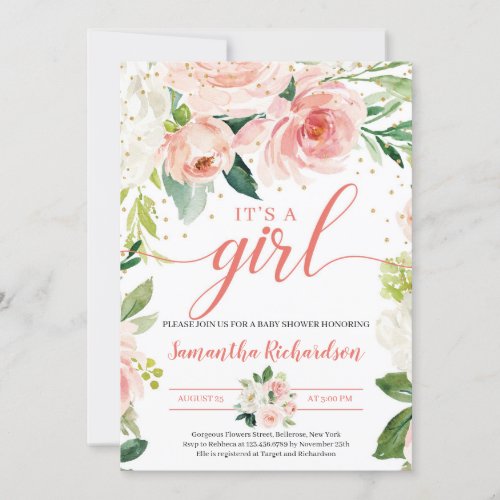 Boho Blush Pink Floral Greenery Its A Girl Baby Invitation