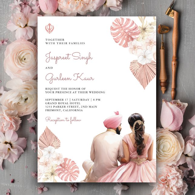 Boho Blush Pink Floral Indian Punjabi Sikh Wedding Invitation (Creator Uploaded)