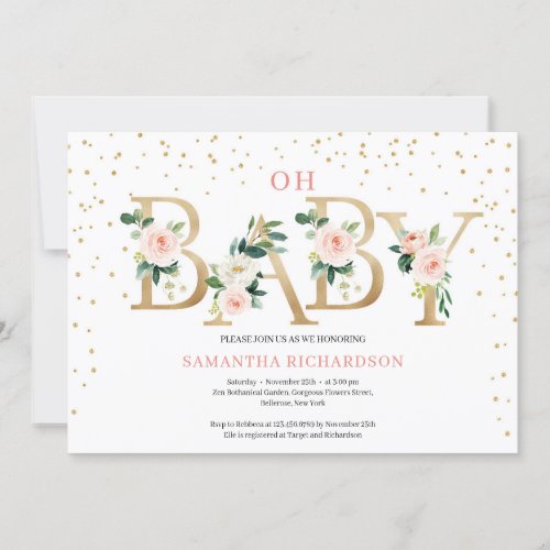 Boho blush pink floral letters gold foil oh baby invitation