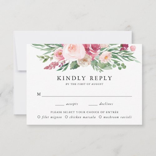 Boho Blush  Pink Floral Meal Choice Wedding RSVP