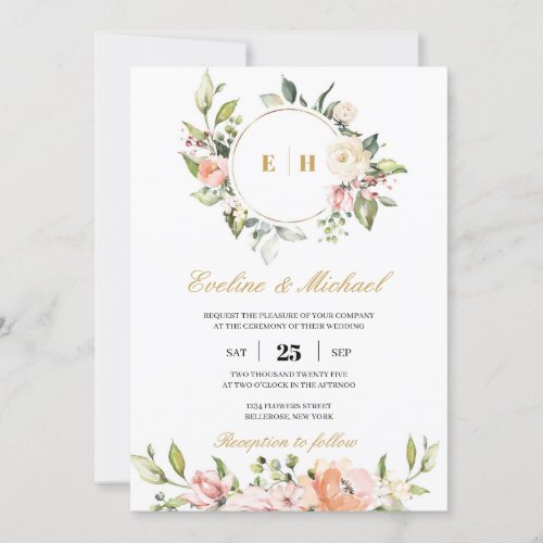 Boho blush pink floral monogram initials wedding invitation