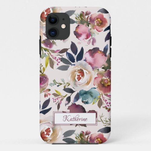 Boho Blush Pink Floral Named Watercolor iPhone 11 Case