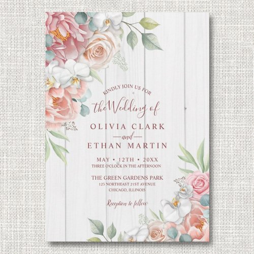 Boho Blush Pink Floral On White Wood Wedding Invitation