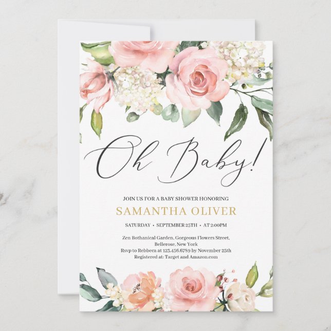 Boho Blush pink floral peach gold Oh Baby Shower Invitation (Front)