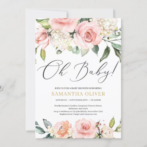 Boho Blush pink floral peach gold Oh Baby Shower Invitation