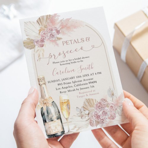 Boho Blush Pink Floral Petals Prosecco Bridal Invitation