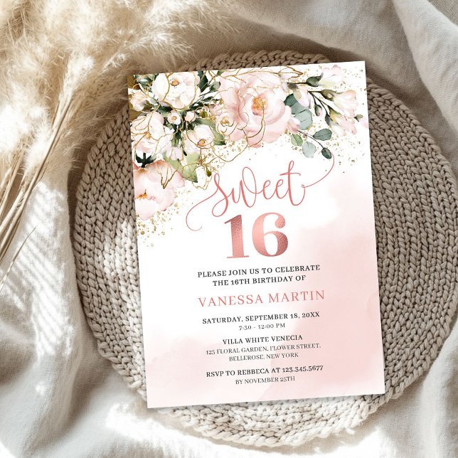 Boho blush pink floral rose gold sweet sixteen invitation (Boho blush pink floral rose gold sweet sixteen invitation)