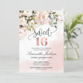 Boho blush pink floral rose gold sweet sixteen invitation (Standing Front)