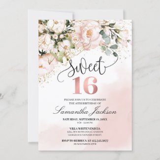 Boho blush pink floral rose gold sweet sixteen invitation