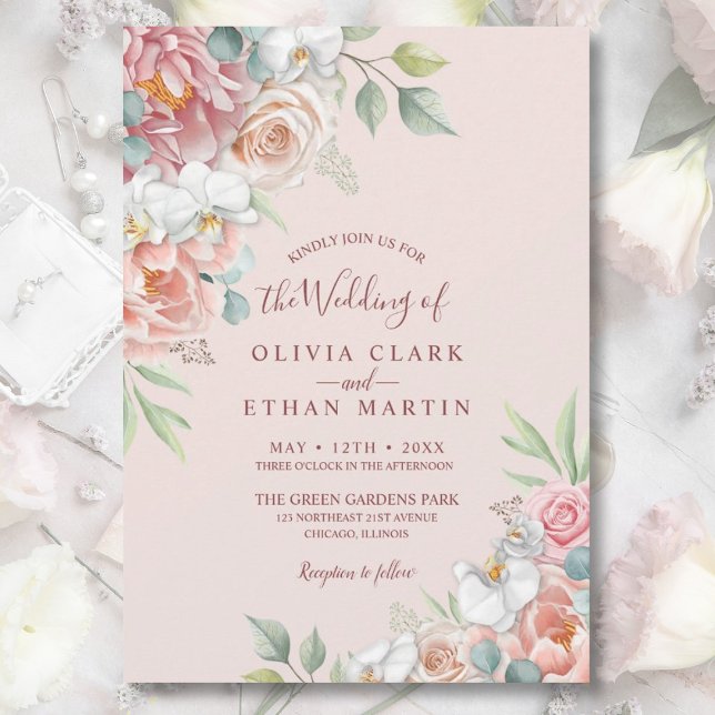 Boho Blush Pink Floral Rustic Wedding Invitation (Creator Uploaded)