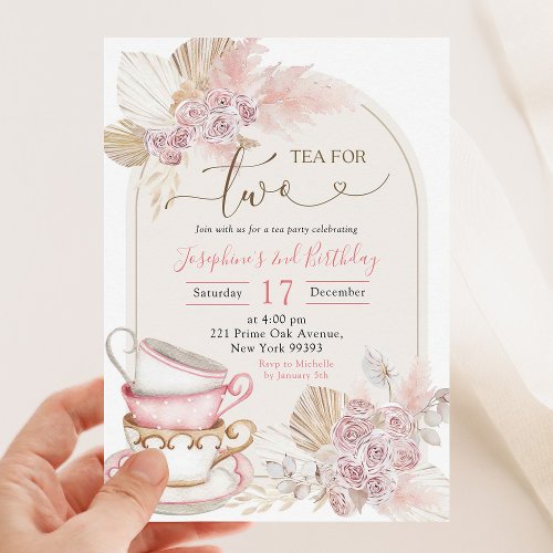 Boho Blush Pink Floral Tea for Two Birthday Invitation