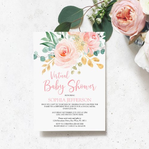 Boho Blush Pink Floral Virtual Baby Shower Invitation