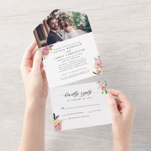 Boho Blush Pink Floral Watercolor Photo Wedding All In One Invitation