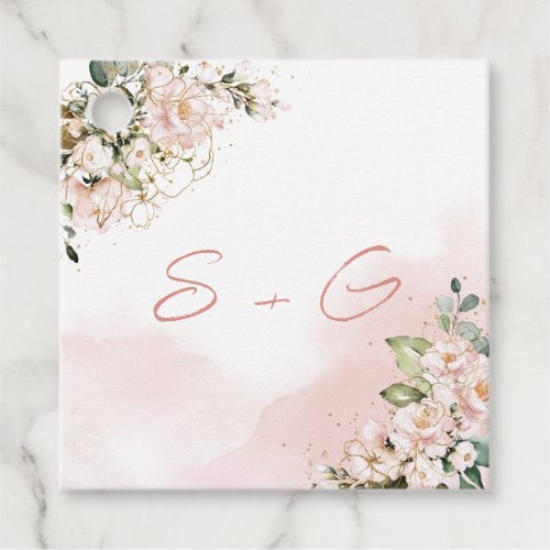 Boho blush pink floral wedding initials monogram favor tags