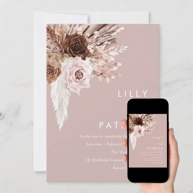 Boho Blush Pink Floral Wedding Invitation Zazzle