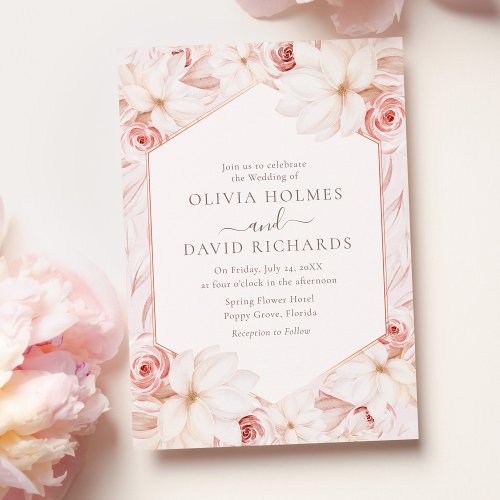 Boho Blush Pink Floral Wedding Invitation