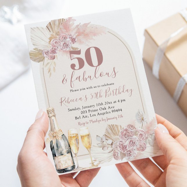 Boho Blush Pink Floral Wine Adult Birthday Invitation (Creator Uploaded)