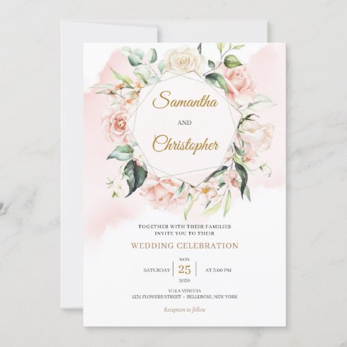 Boho blush pink floral wreath eucalyptus gold invitation