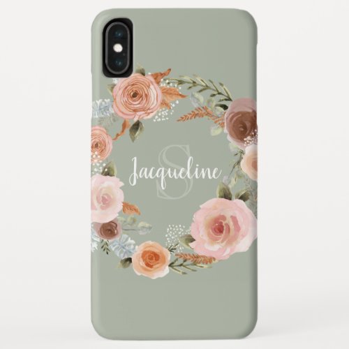 Boho Blush Pink Floral Wreath Sage Greenery Name iPhone XS Max Case