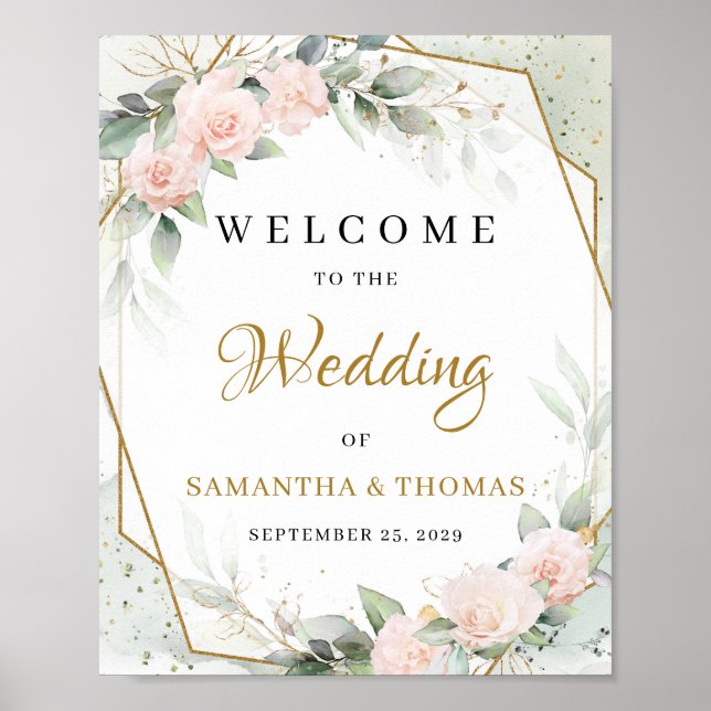 Boho blush pink flowers and eucalyptus and gold poster (Front)