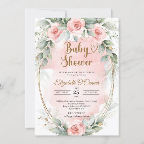 Boho blush pink flowers and eucalyptus gold frame invitation