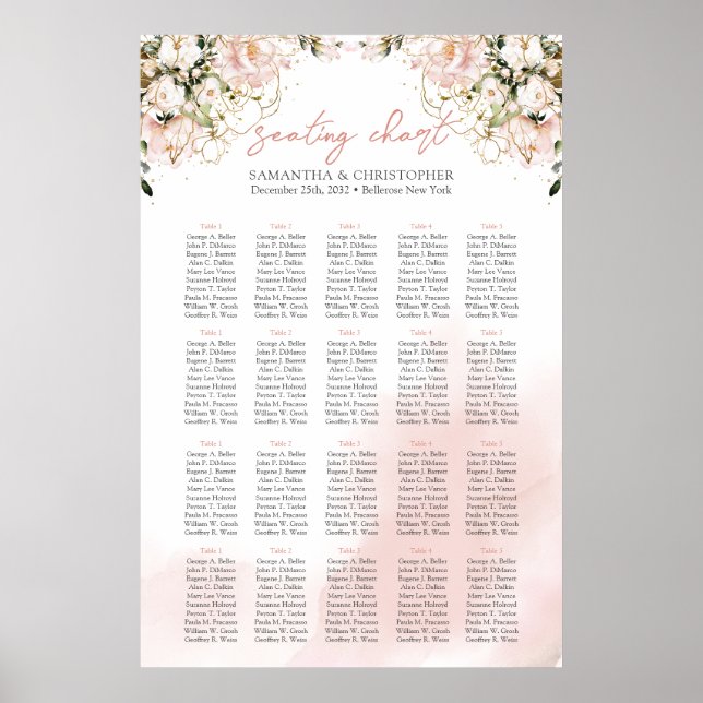 Boho blush pink flowers gold 20 tables Seating Poster (Front)