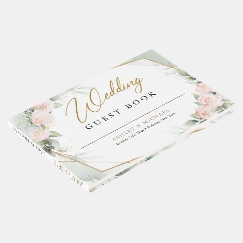Boho Blush pink flowers greenery and gold wedding Guest Book