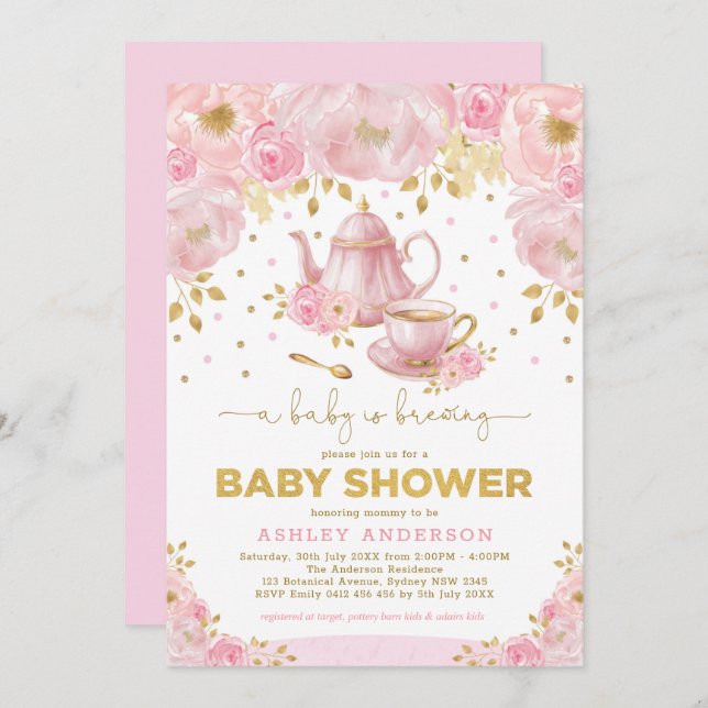 Boho Blush Pink Gold Baby Shower Tea Party Invitation (Front/Back)