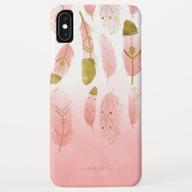 Boho Blush Pink & Gold Feathers Ombre Personalized Case-Mate iPhone Case (Back)