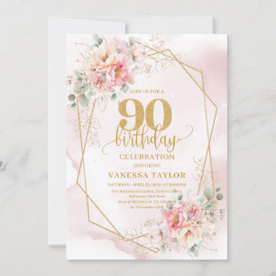 Boho Blush Pink Gold Floral 90th Birthday Invites