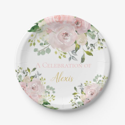 Boho Blush Pink Gold Floral Bridal or Baby Shower Paper Plates