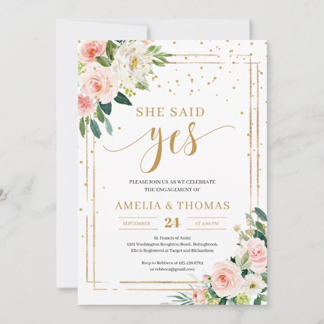 Boho BLush pink gold frame she said yes invite (Front)