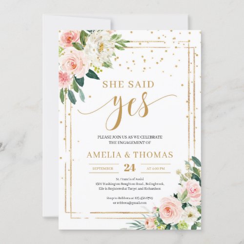 Boho BLush pink gold frame she said yes invite