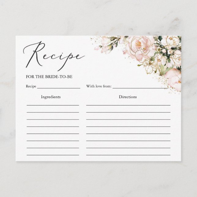 Boho blush pink golf floral bridal shower recipe postcard (Front)