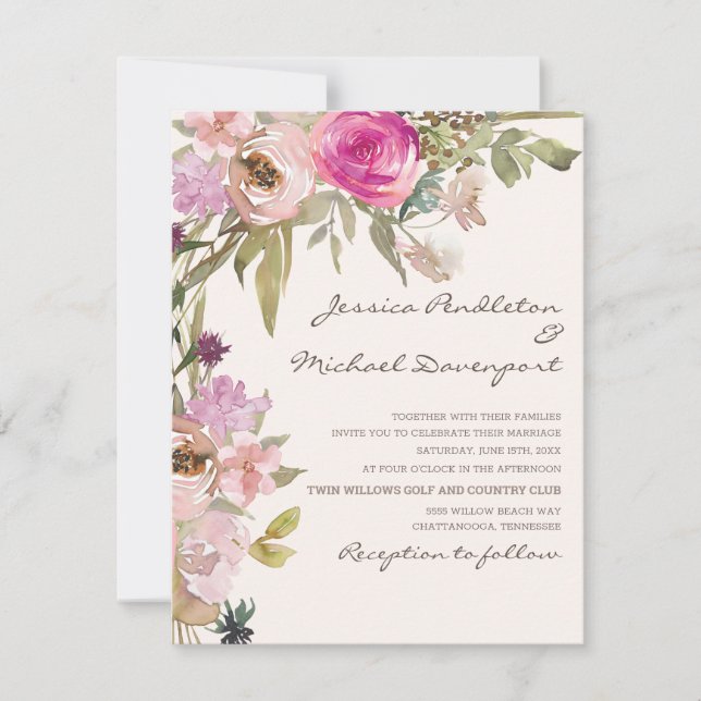 Boho Blush Pink Lavender Floral Wedding Invitation (Front)