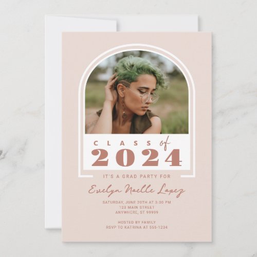 Boho Blush Pink Modern Arch Photo Graduation Party Invitation