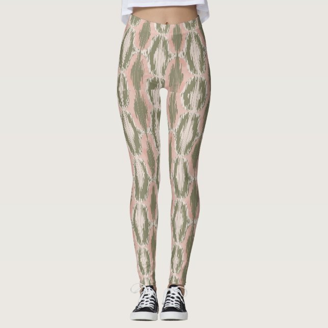 Boho Blush Pink Olive Ikat Pattern Leggings (Front)