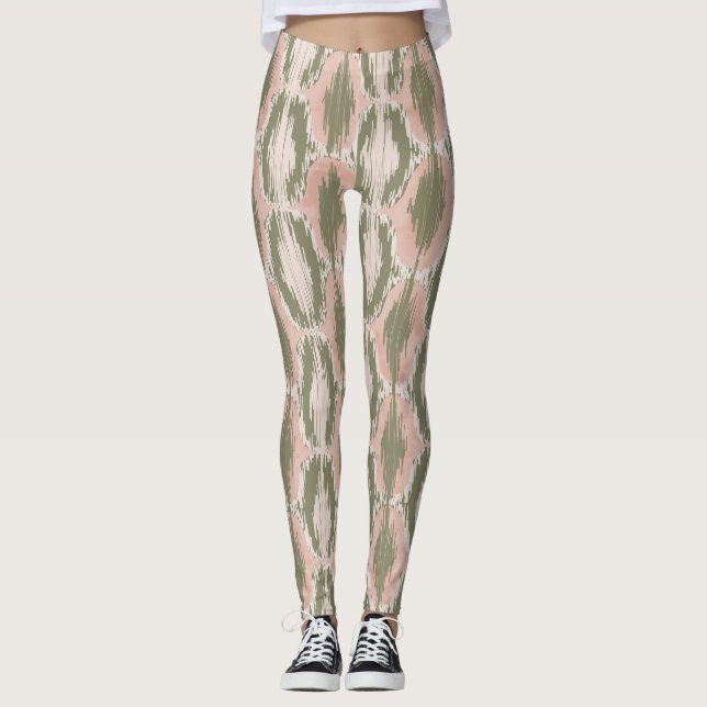 Boho Blush Pink Olive Ikat Pattern Leggings (Front)