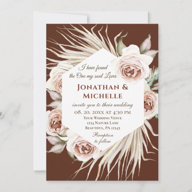 Boho Blush Pink on Brown Floral Christian Wedding Invitation (Front)