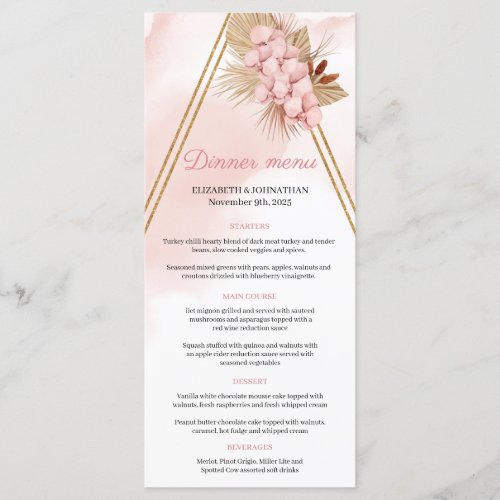 Boho Blush Pink orchid Dried Palm leaves Gold Arch Menu