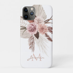 Boho Blush Pink Pampas Grass Floral Monogram iPhone 11 Pro Case