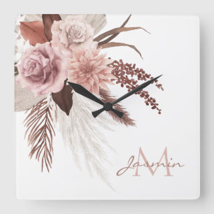 Boho Blush Pink Pampas Grass Floral Monogram Square Wall Clock