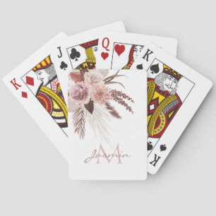 Boho Blush Pink Pampas Grass Monogram Poker Cards