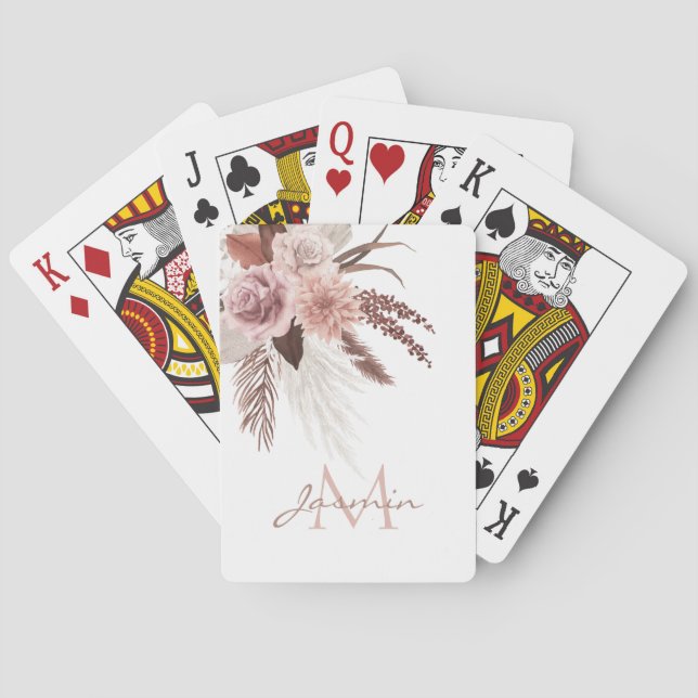 Boho Blush Pink Pampas Grass Monogram Poker Cards (Back)