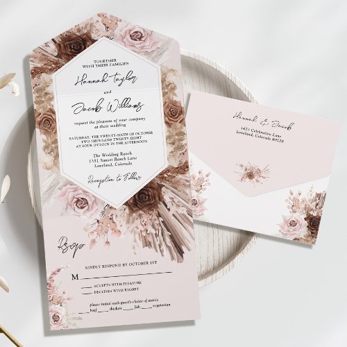 Boho Blush Pink Pampas Grass with RSVP Wedding All In One Invitation