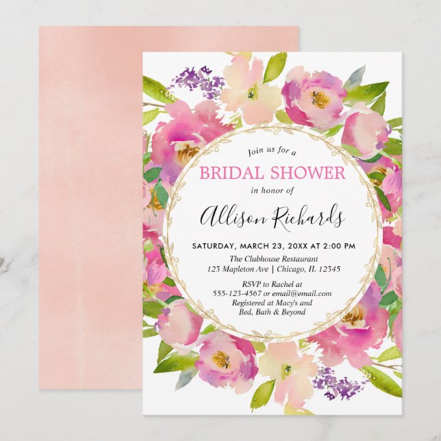 Boho blush pink pastel bridal shower invitation (Front/Back)