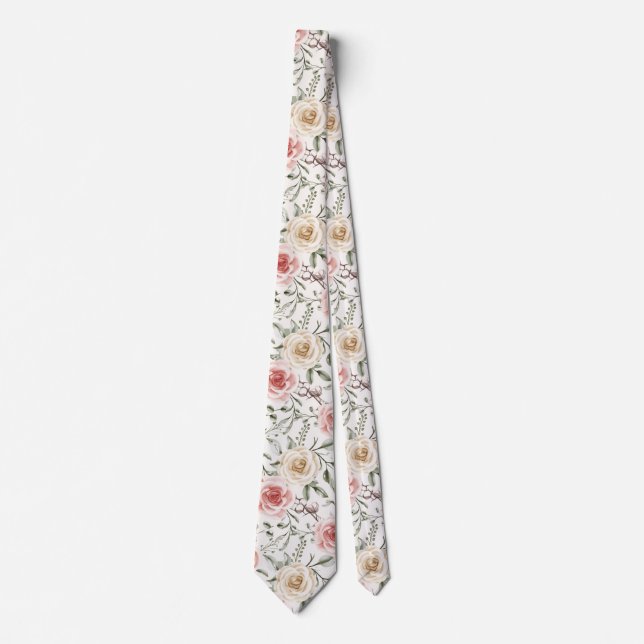 Boho  Blush Pink Peach Cream Floral Botanical  Neck Tie (Front)