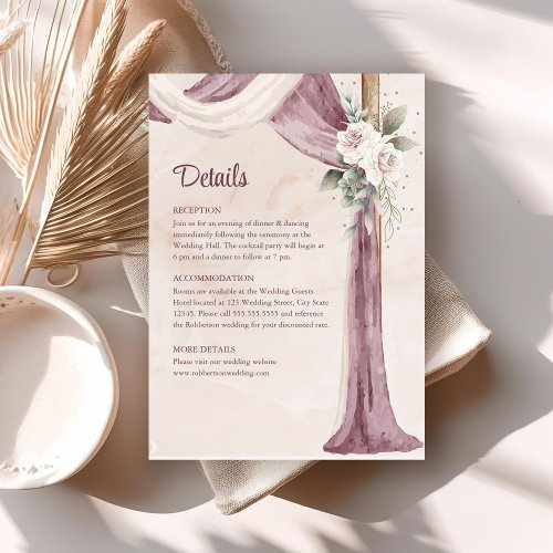 Boho Blush Pink Purple Canopy Wedding Details Card