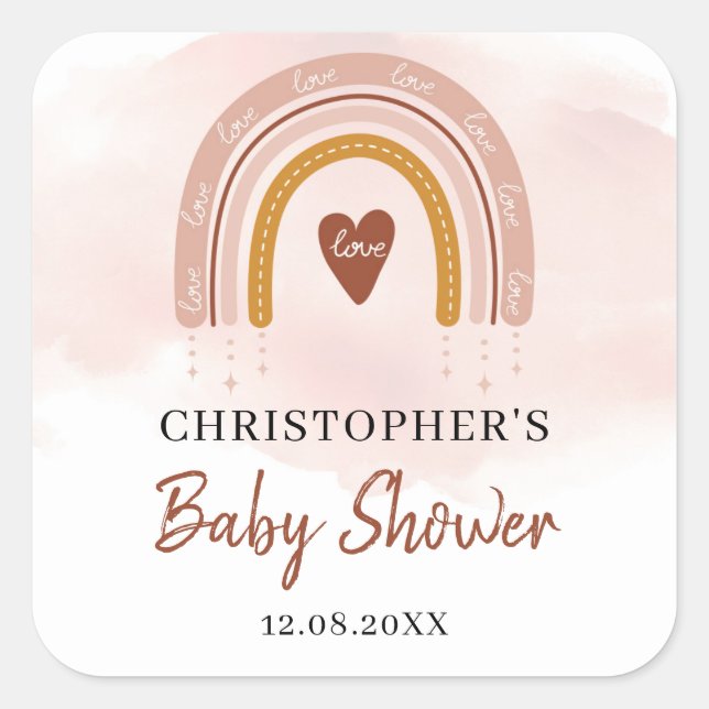Boho Blush Pink Rainbow baby shower square sticker (Front)