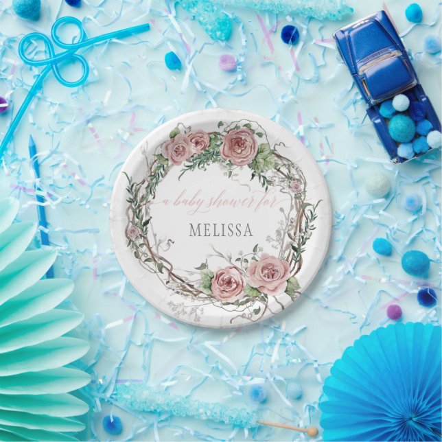 BOHO Blush Pink Rose Floral Baby Girl Shower Paper Plates Zazzle